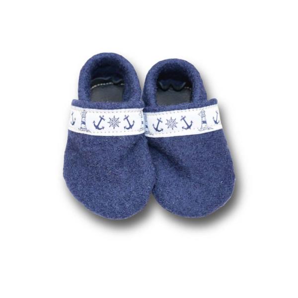 Walkloden-Puschen blau mit Webband Anker